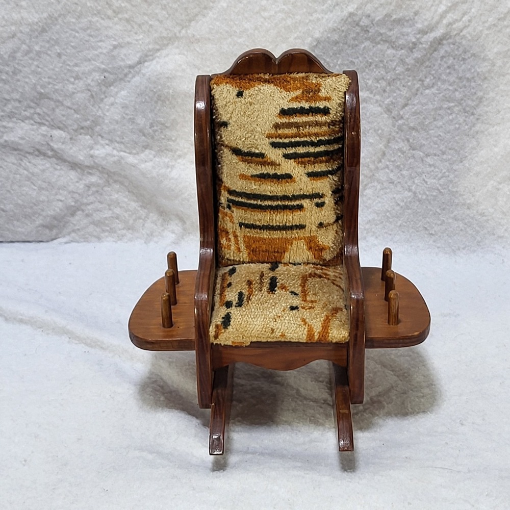 VTG Mini Upholstered Wood Rocking Chair Sewing Thread Scissor Holder Pin Cushion
